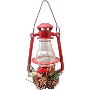 Vintage Red Metal Lantern Ornament With Pinecone & Berry Decoration Large 6"